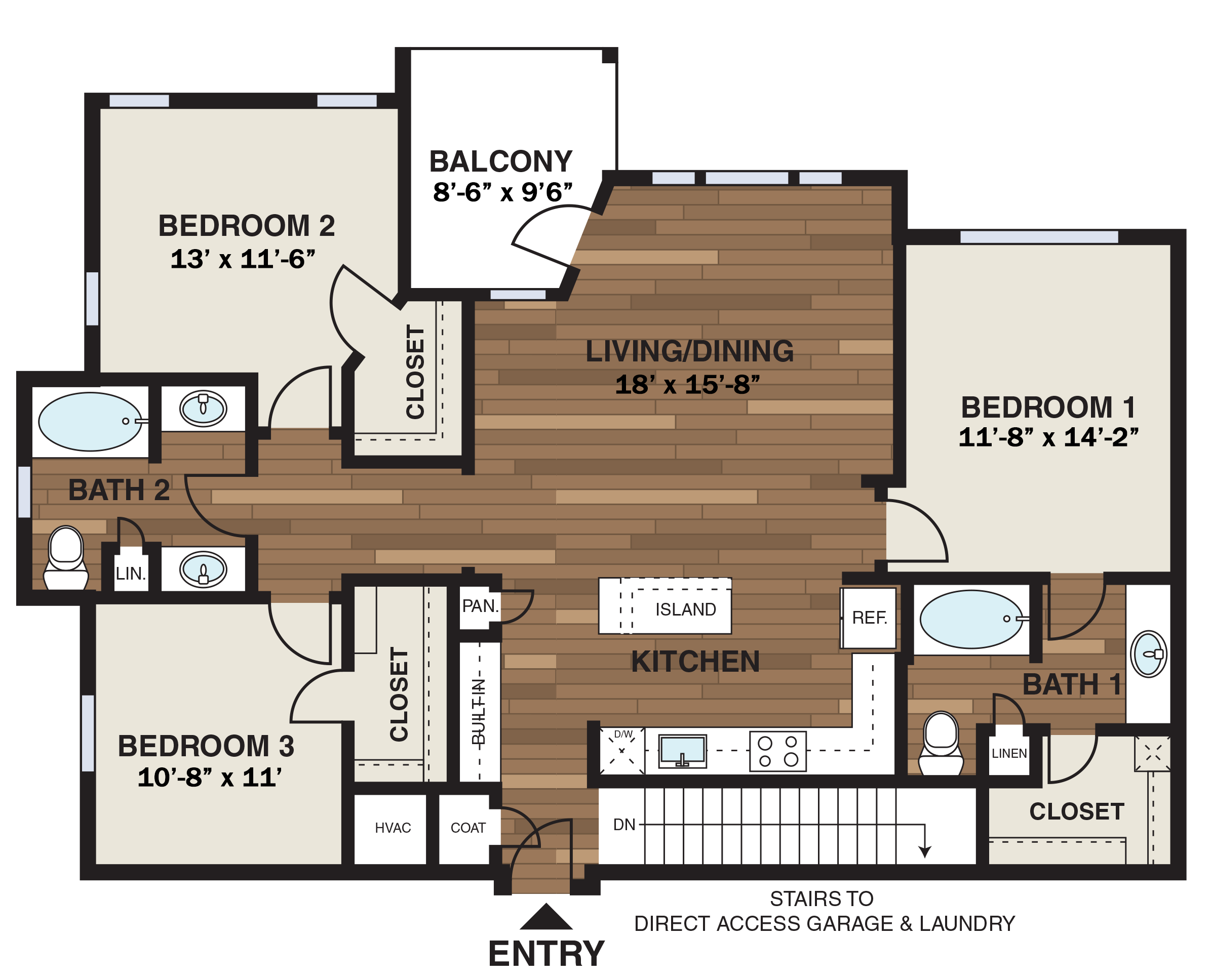 Floor plan for 3 beds, 2 baths, 1339 sqft